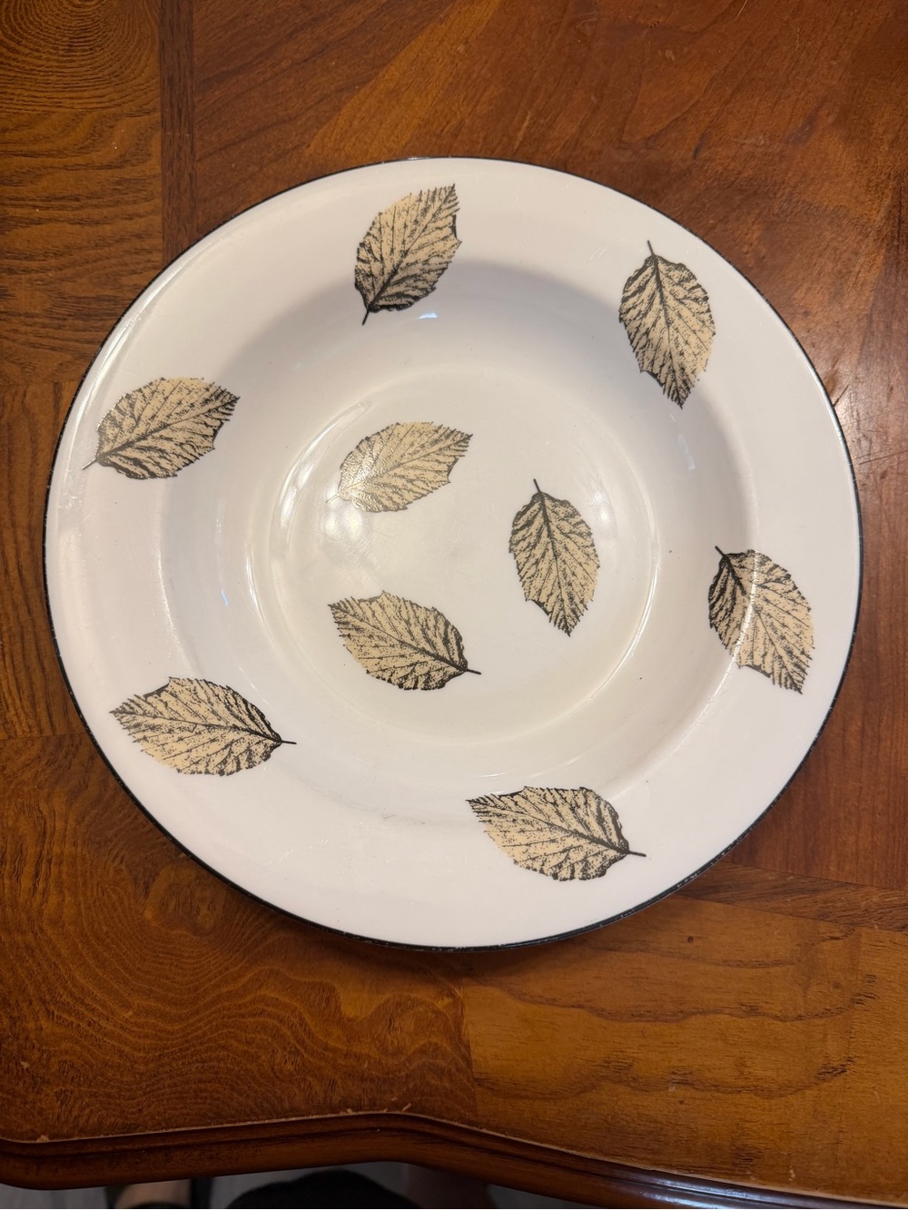 Barneys New York White Ceramic Serving Bowl with Beige Leaf Motif